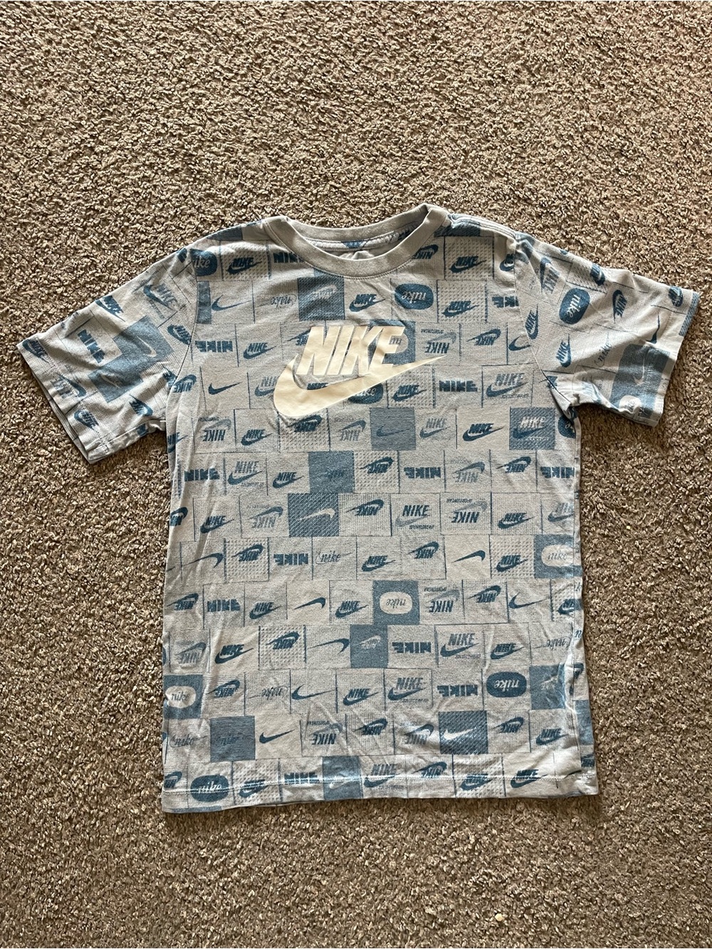 Nike White Logo Allover Blue Graphic Tee